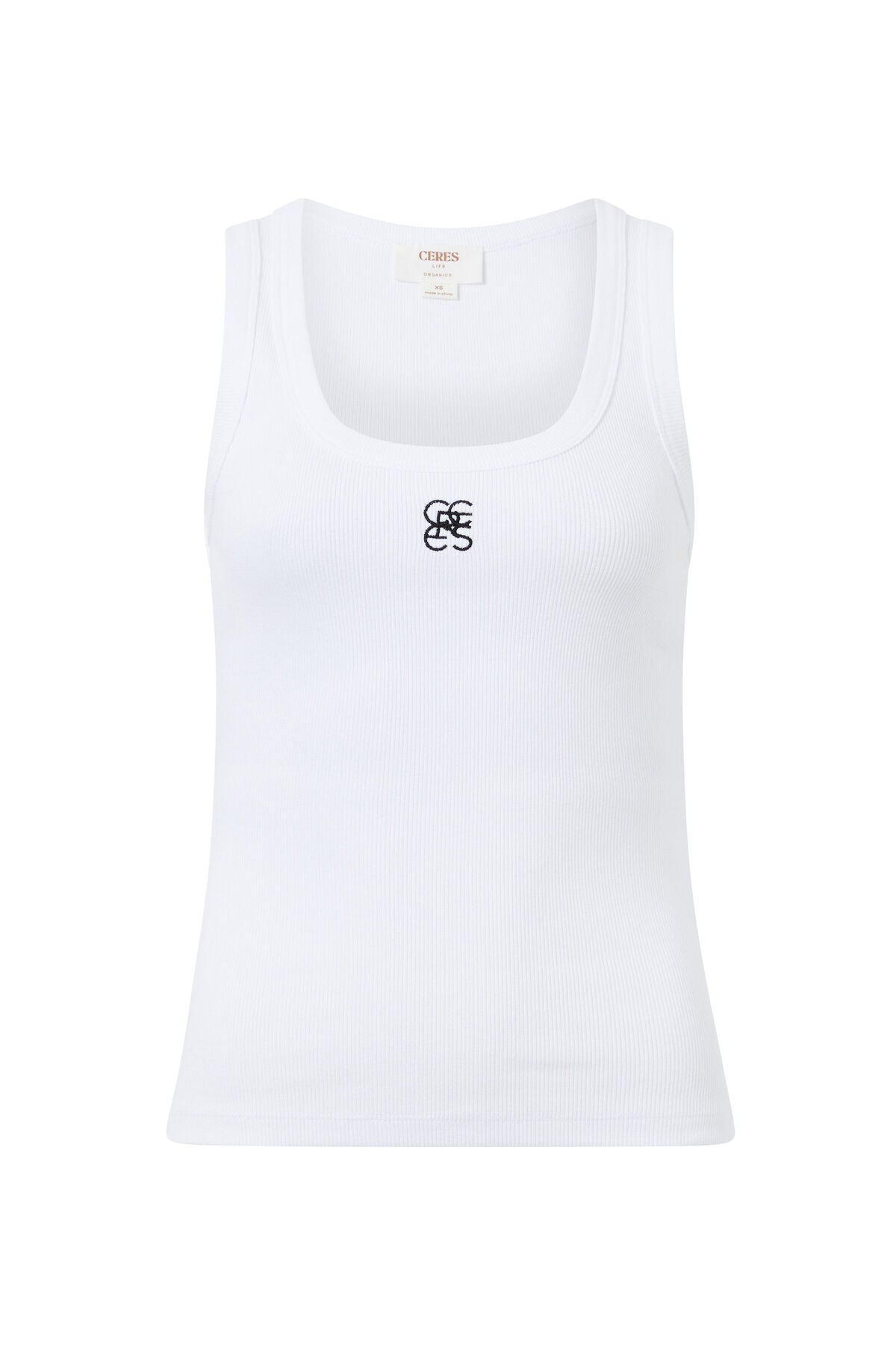 ZOE CONTOUR RIB SCOOP TANK/WHITE/BLACK MONOGRAM EMBROIDERY