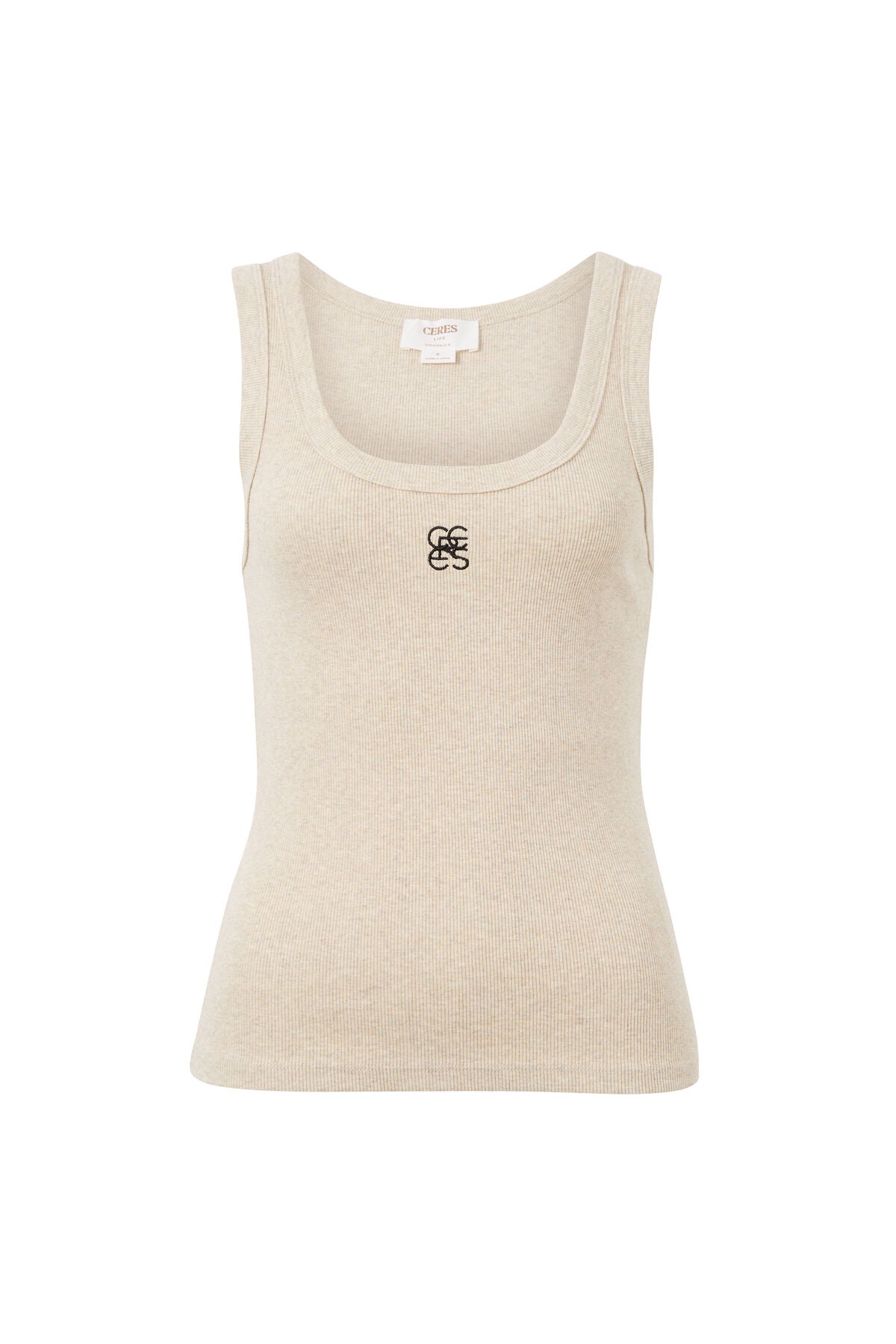 ZOE CONTOUR RIB SCOOP TANK/OATMEAL/BLACK MONOGRAM EMBROIDERY