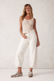 ZOE CONTOUR RIB SCOOP TANK/OATMEAL/BLACK MONOGRAM EMBROIDERY