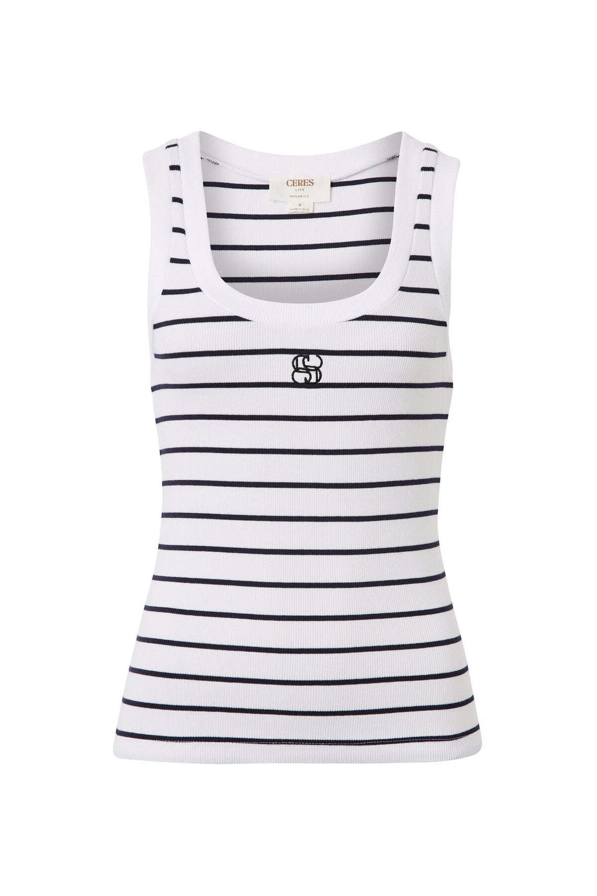 ZOE CONTOUR RIB SCOOP TANK/WHITE/NEW NAVY MONOGRAM EMBROIDERY