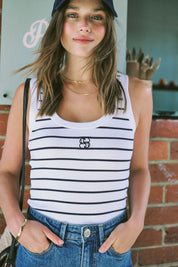 ZOE CONTOUR RIB SCOOP TANK/WHITE/NEW NAVY MONOGRAM EMBROIDERY