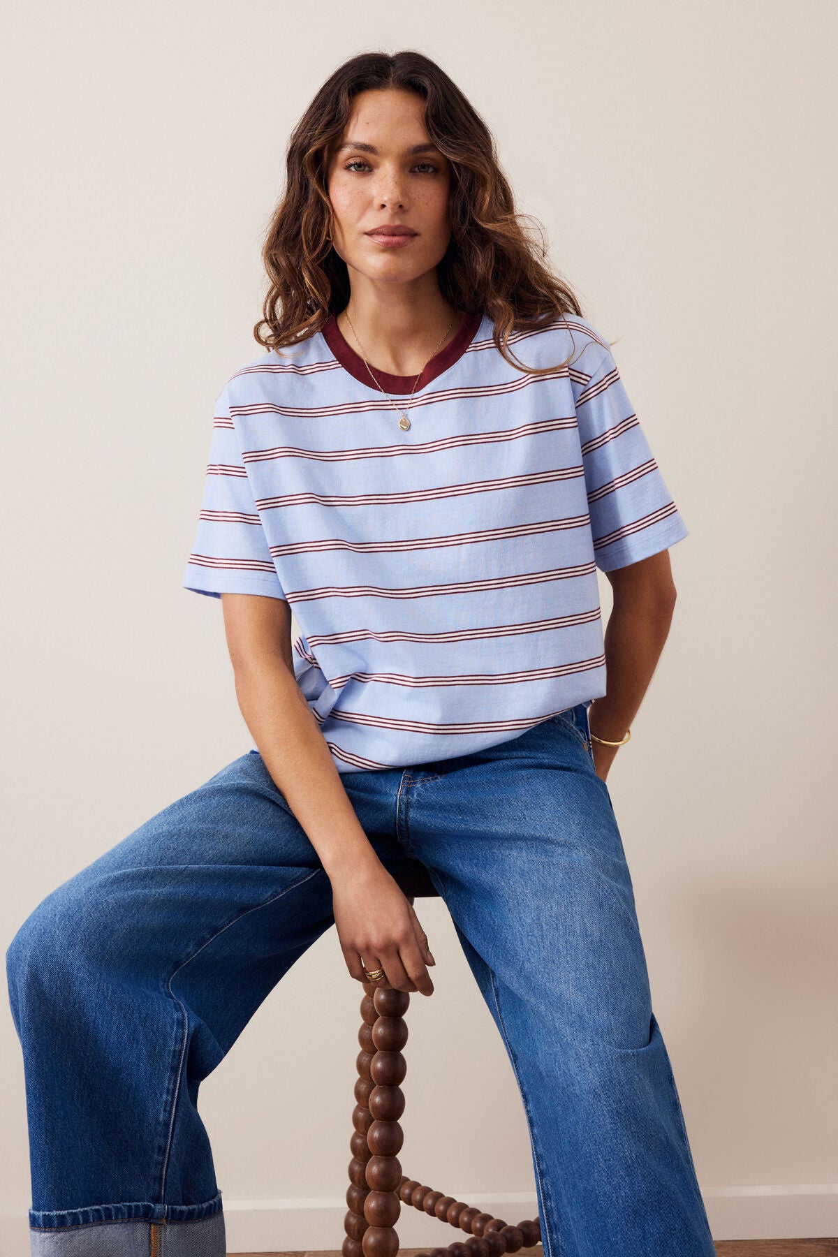 Stevie Slouchy Tee - China Blue Mulberry White Stripe