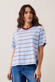 Stevie Slouchy Tee - China Blue Mulberry White Stripe