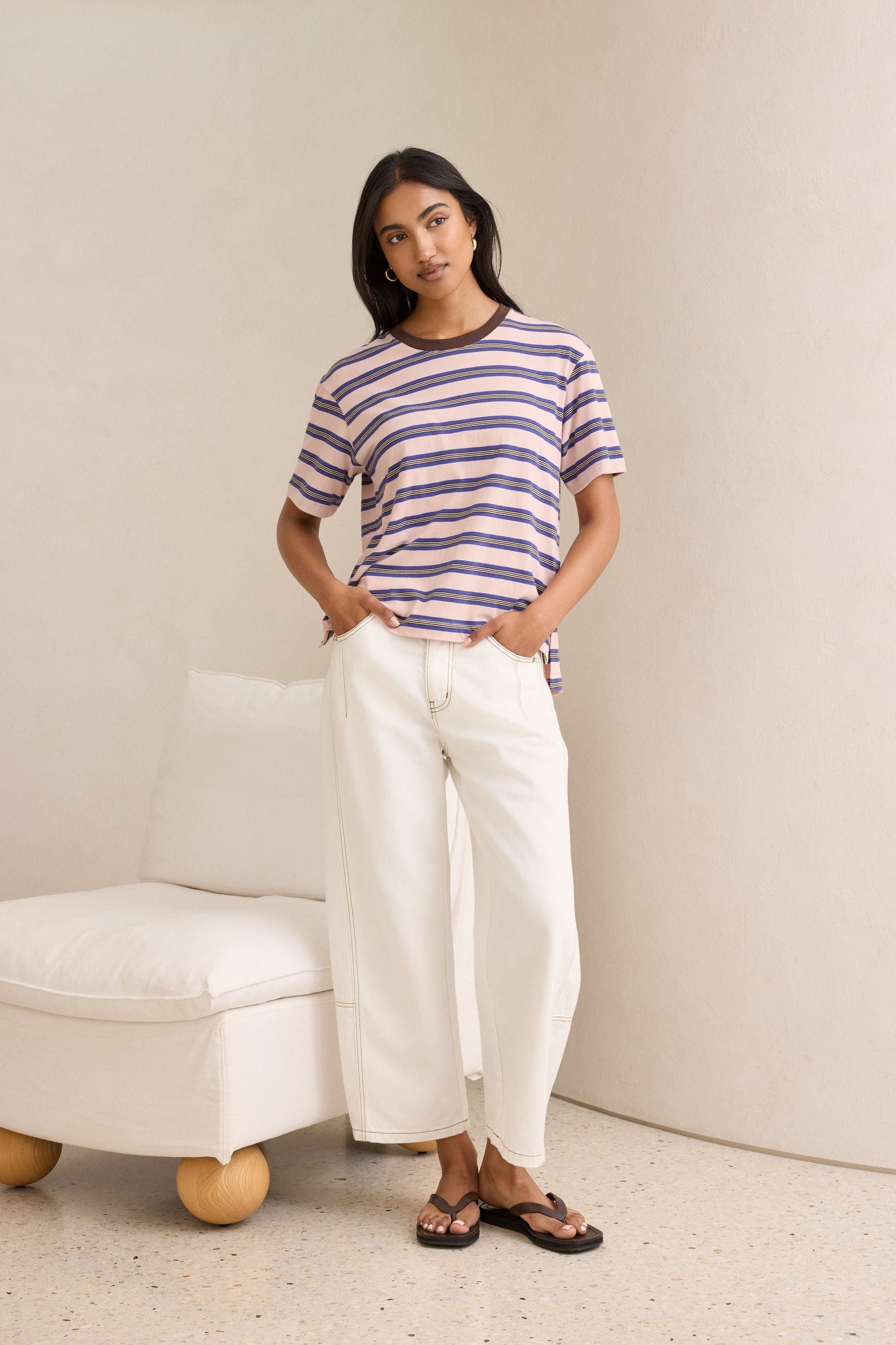 Stevie Slouchy Tee chalk pink polo blue choc stripe