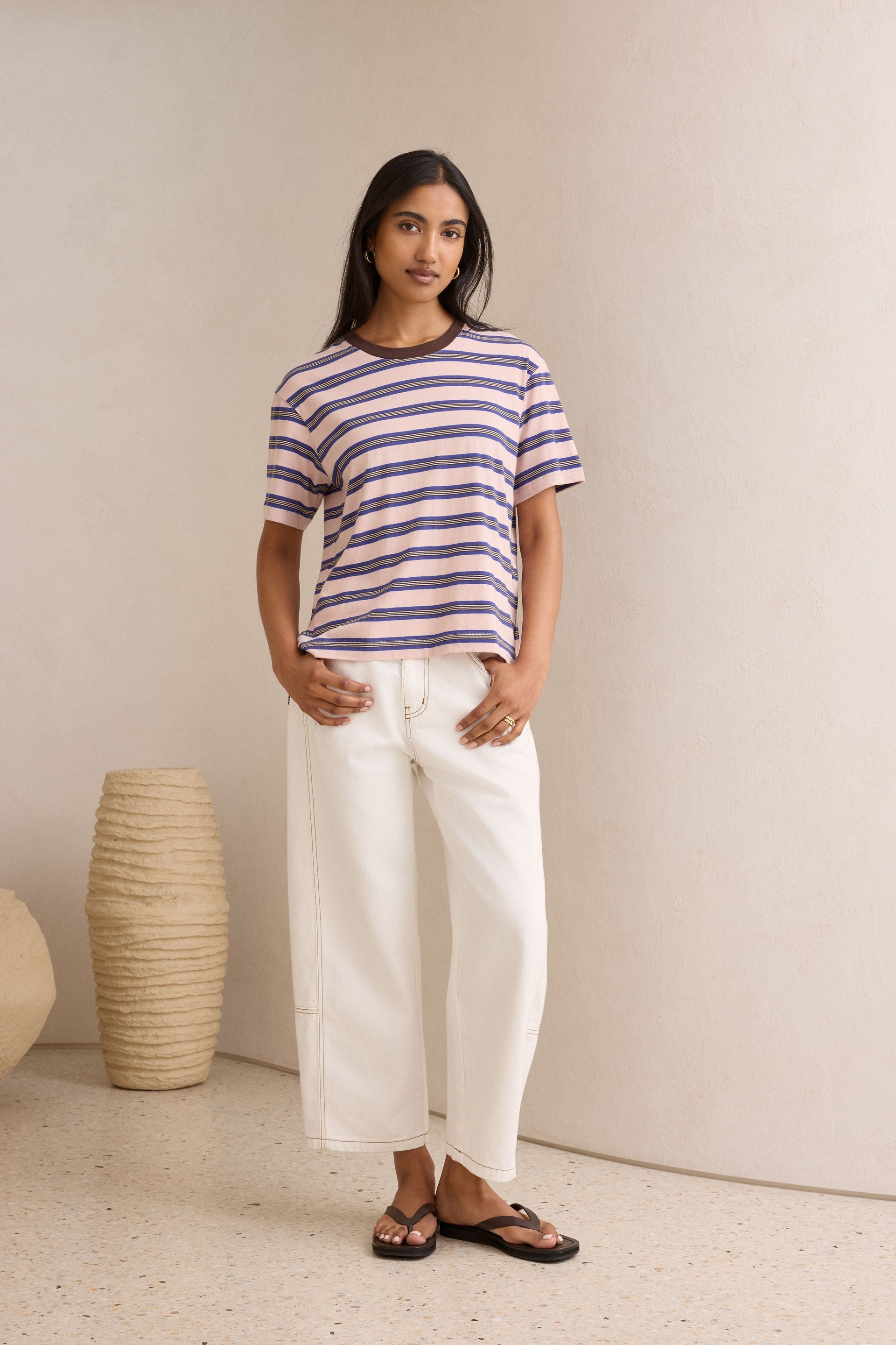 Stevie Slouchy Tee chalk pink polo blue choc stripe