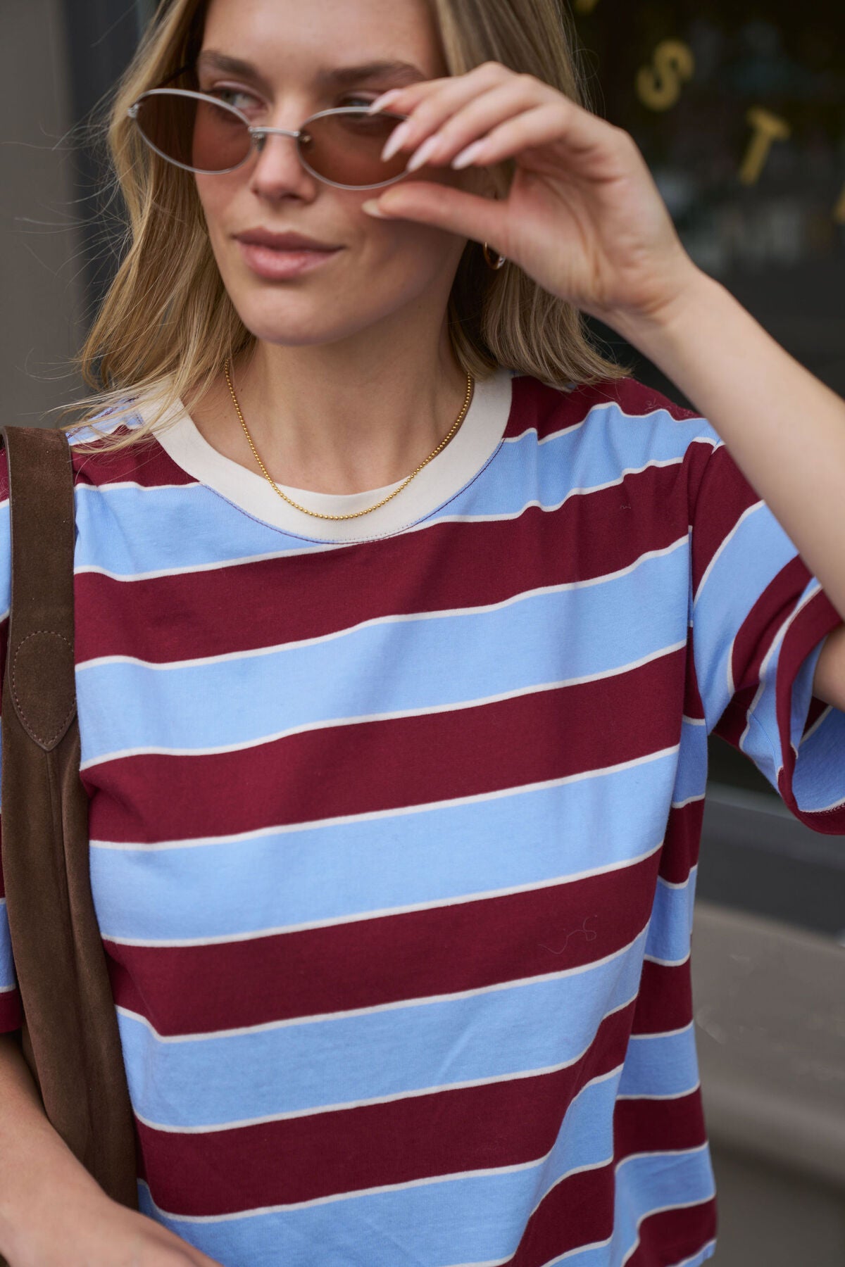 Stevie Slouchy Tee Burgundy Sky Blue Stripe