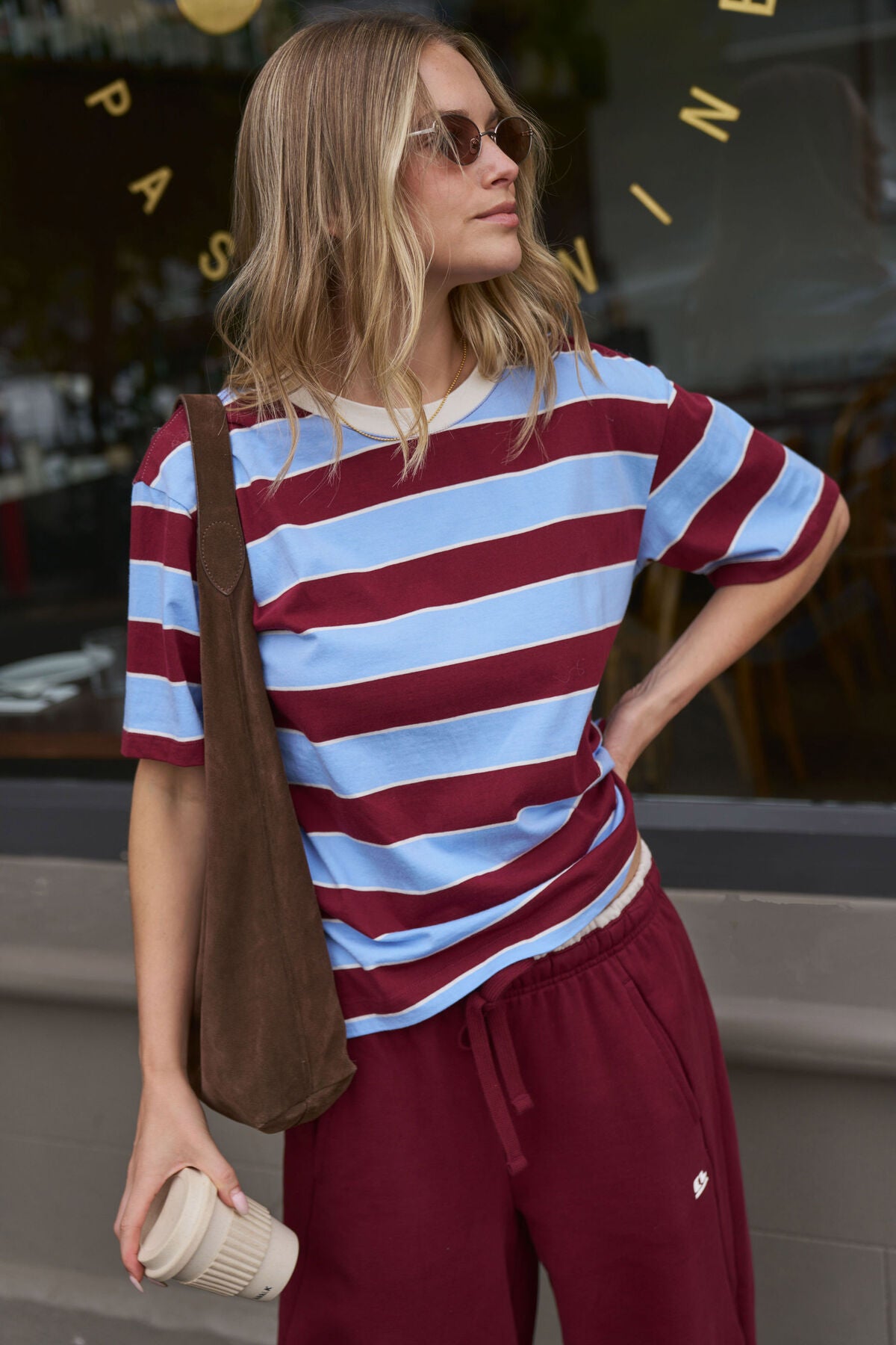 Stevie Slouchy Tee Burgundy Sky Blue Stripe