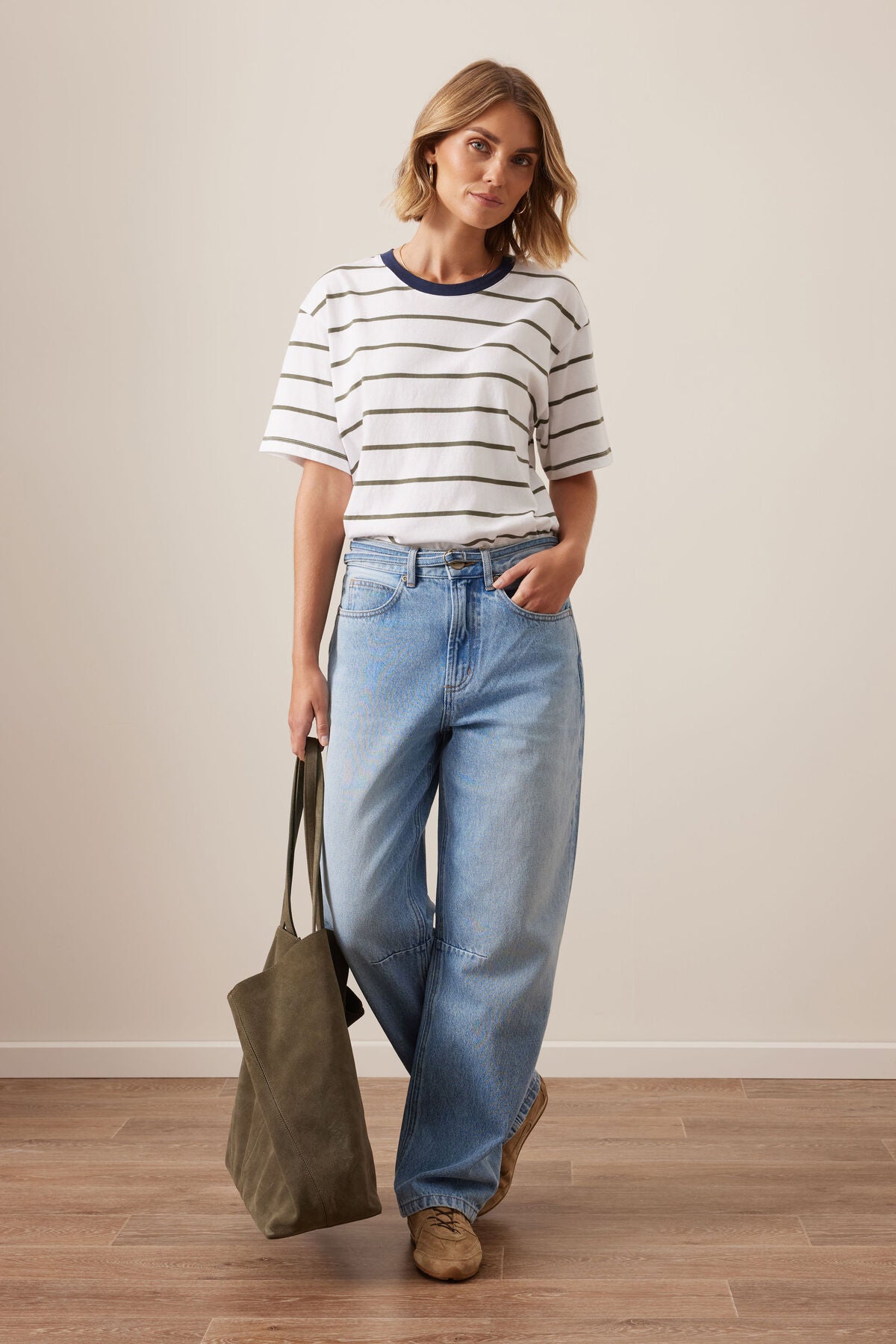 Stevie Slouchy Tee White Washed Olive Stripe