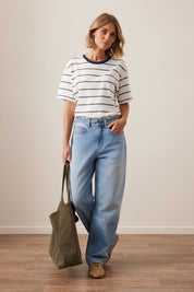 Stevie Slouchy Tee White Washed Olive Stripe