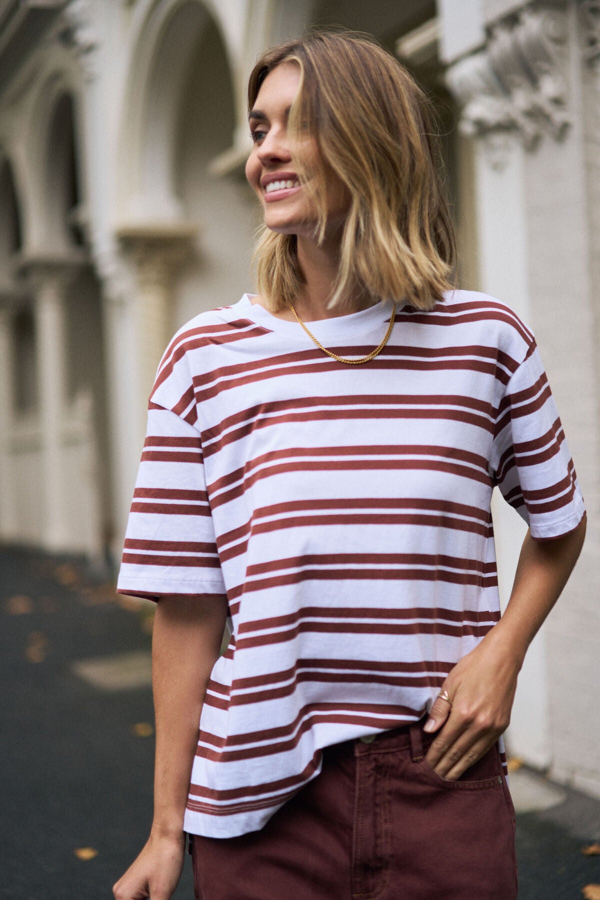 Stevie Slouchy Tee White Burnt Toffee Stripe
