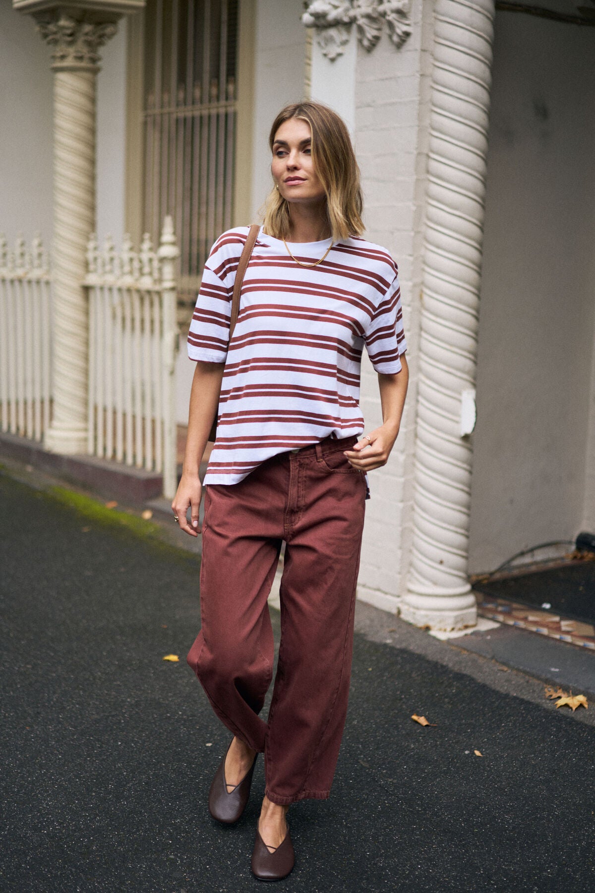 Stevie Slouchy Tee White Burnt Toffee Stripe