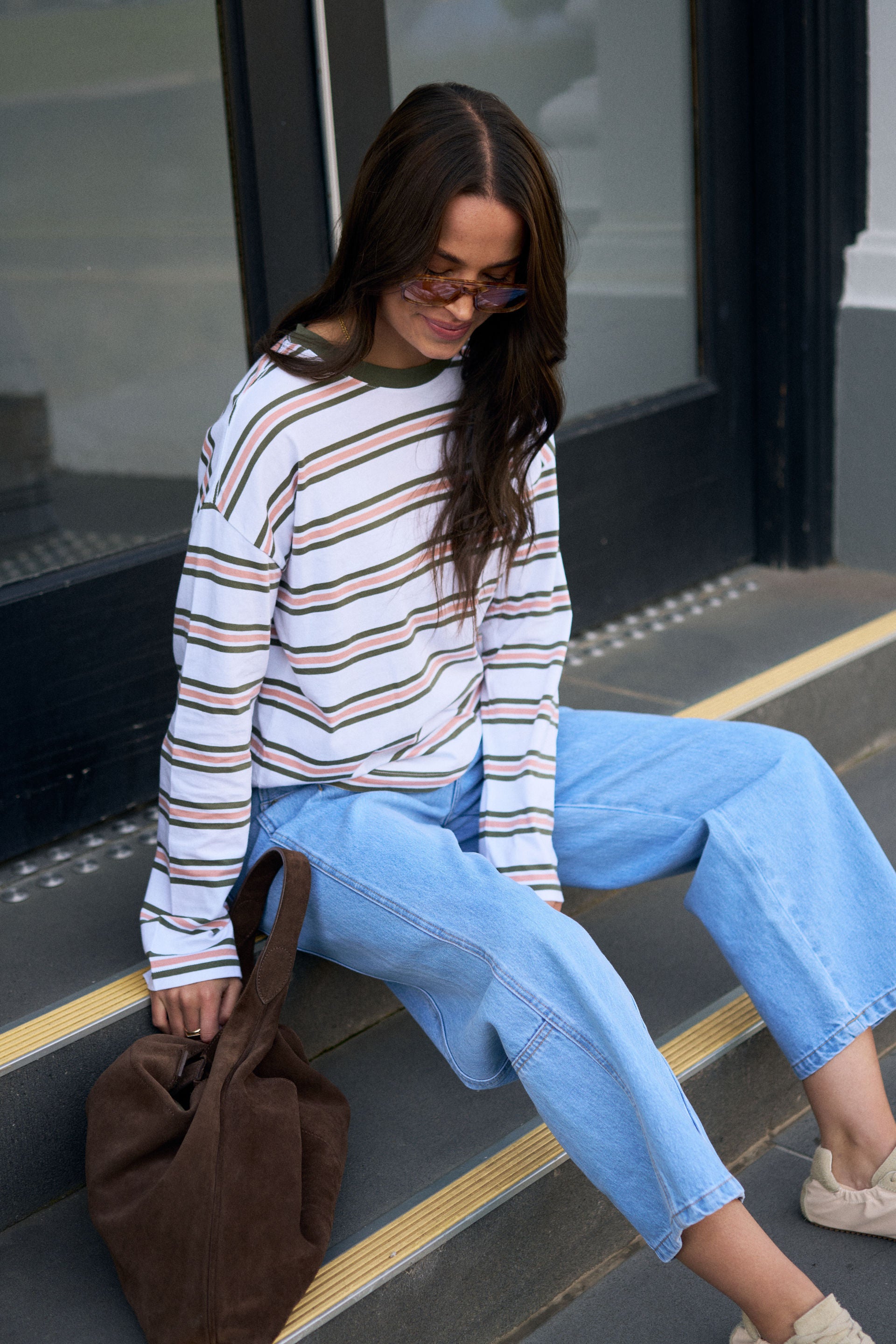 Scout Slouchy Long Sleeve Tee White Washed Olive Stripe
