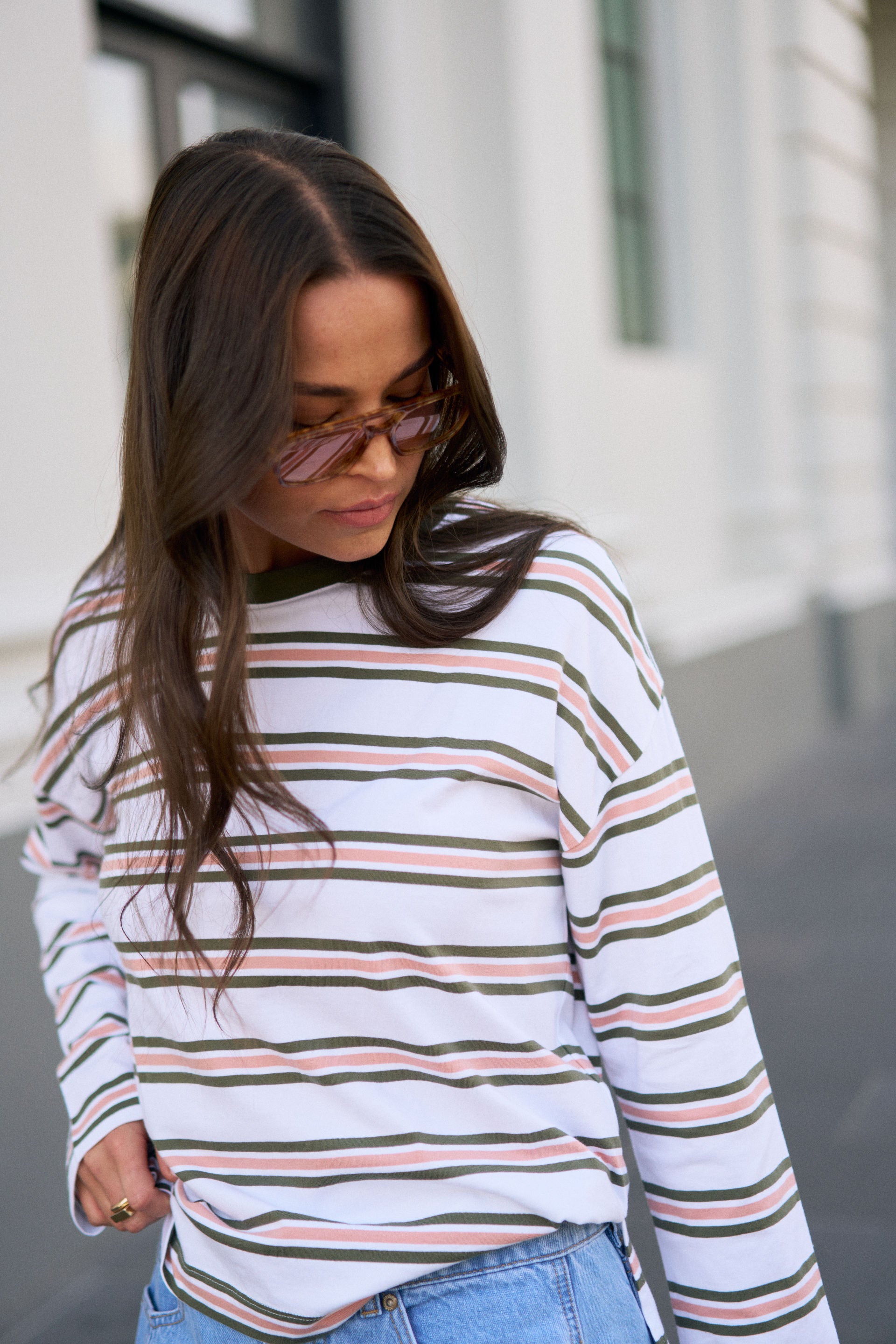 Scout Slouchy Long Sleeve Tee White Washed Olive Stripe