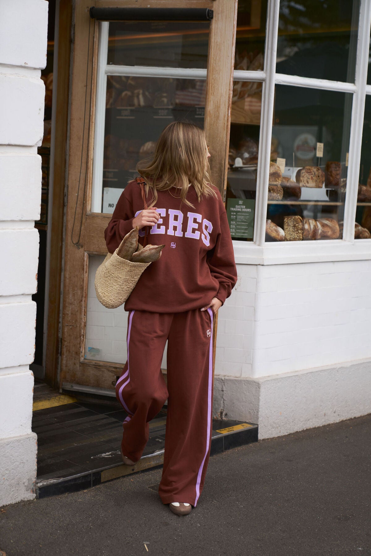 Isla Oversized Slouchy Crew Burnt Toffee Orchid Heritage Logo