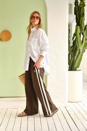 Gigi Wide Leg Terry Trackpant Chocolate Side Stripe