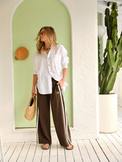 Gigi Wide Leg Terry Trackpant Chocolate Side Stripe