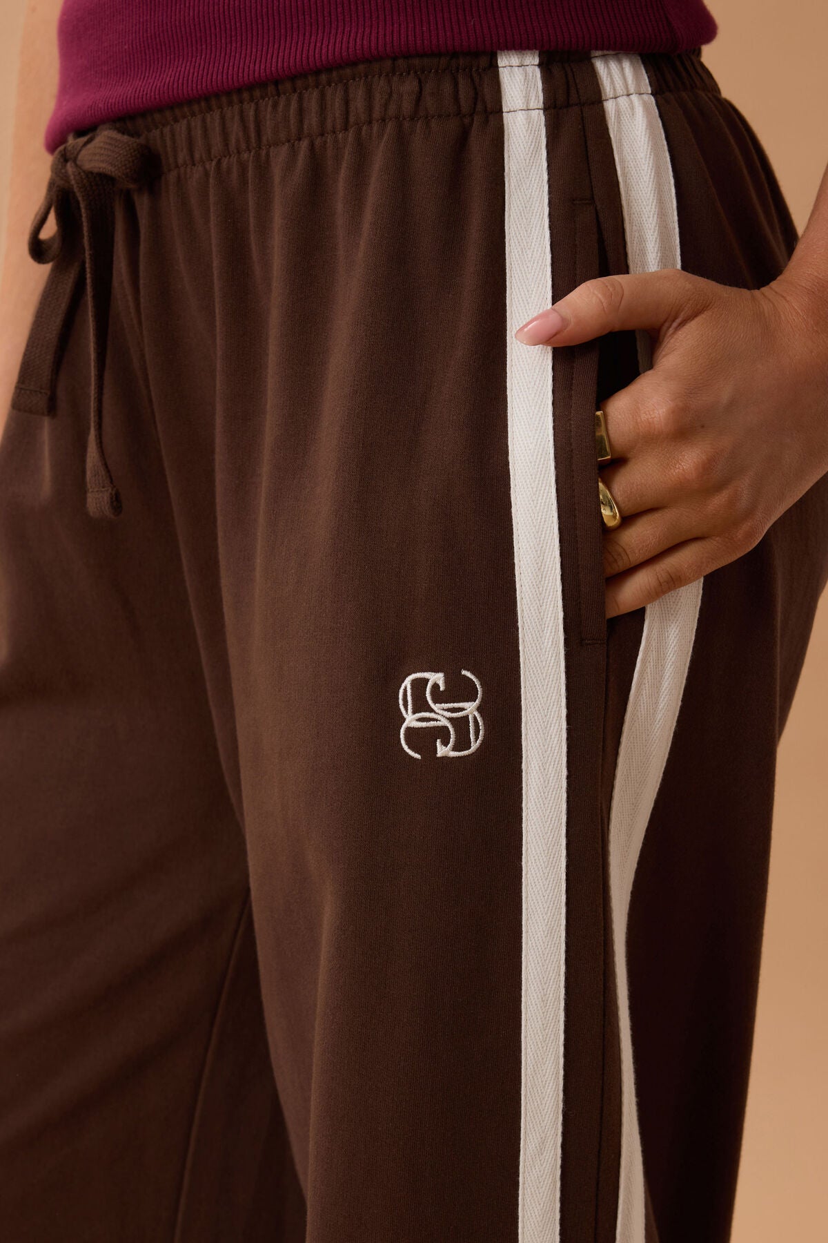 Gigi Wide Leg Terry Trackpant Chocolate Side Stripe