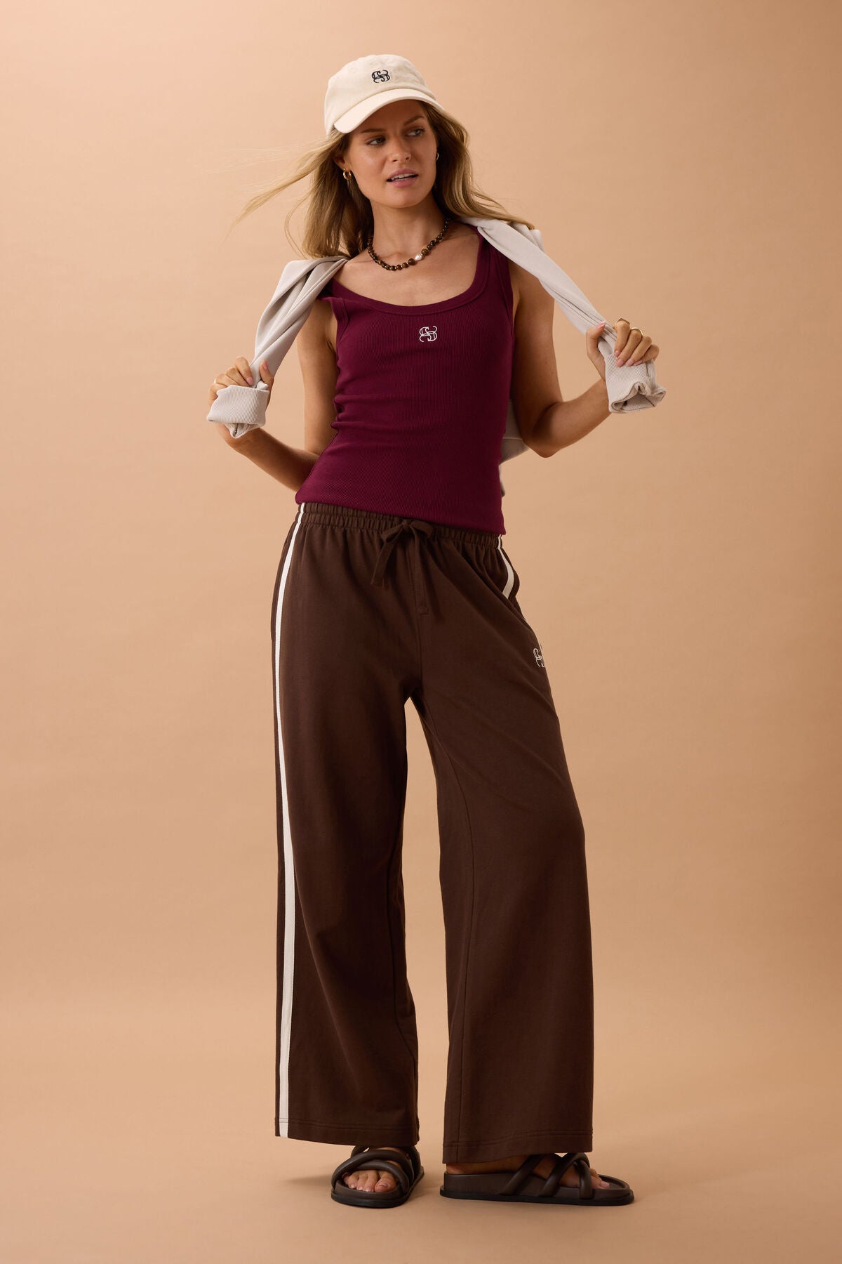 Gigi Wide Leg Terry Trackpant Chocolate Side Stripe