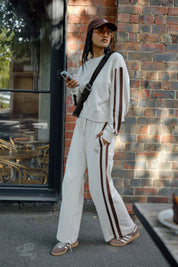 Gigi Wide Leg Terry Trackpant Buff Chocolate Side Stripe