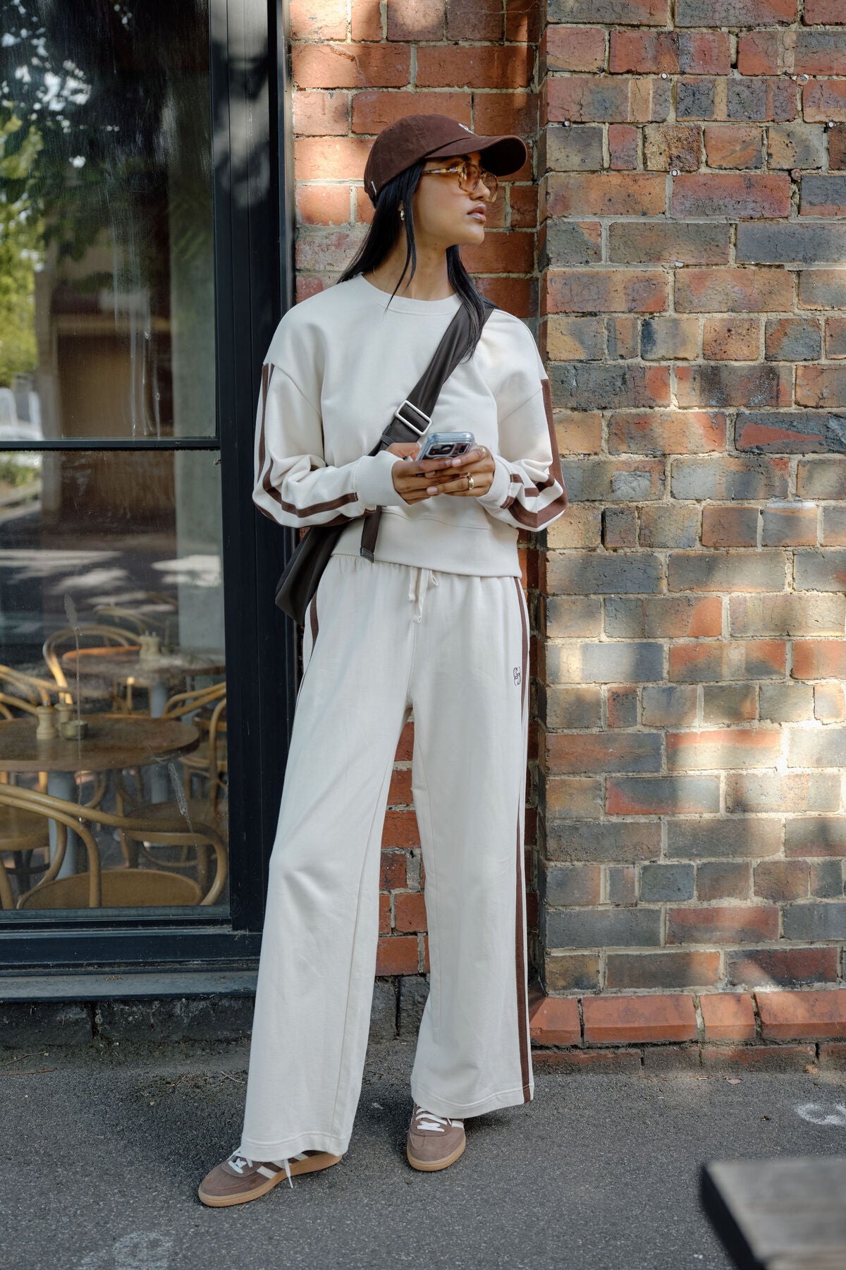 Gigi Wide Leg Terry Trackpant Buff Chocolate Side Stripe