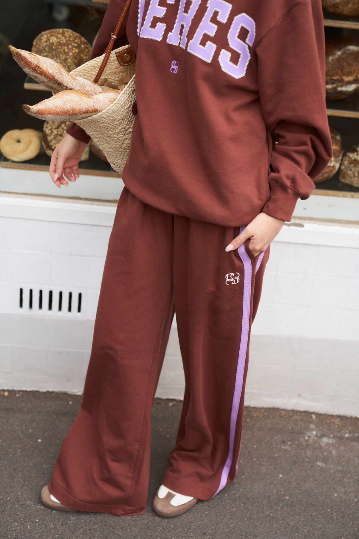 Gigi Wide Leg Terry Trackpant Burnt Toffee Orchid Side Stripe