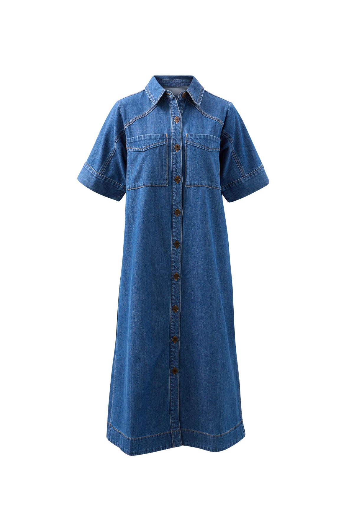 SHORT SLEEVE YOKE DETAIL MIDI DRESS/FRESH INDIGO
