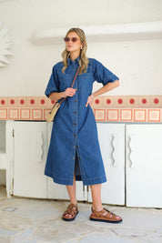 SHORT SLEEVE YOKE DETAIL MIDI DRESS/FRESH INDIGO