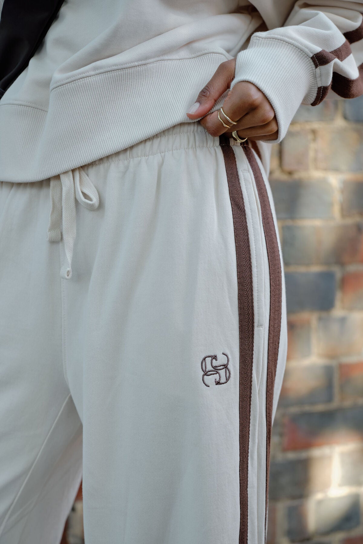 Gigi Wide Leg Terry Trackpant Buff Chocolate Side Stripe