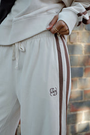 Gigi Wide Leg Terry Trackpant Buff Chocolate Side Stripe