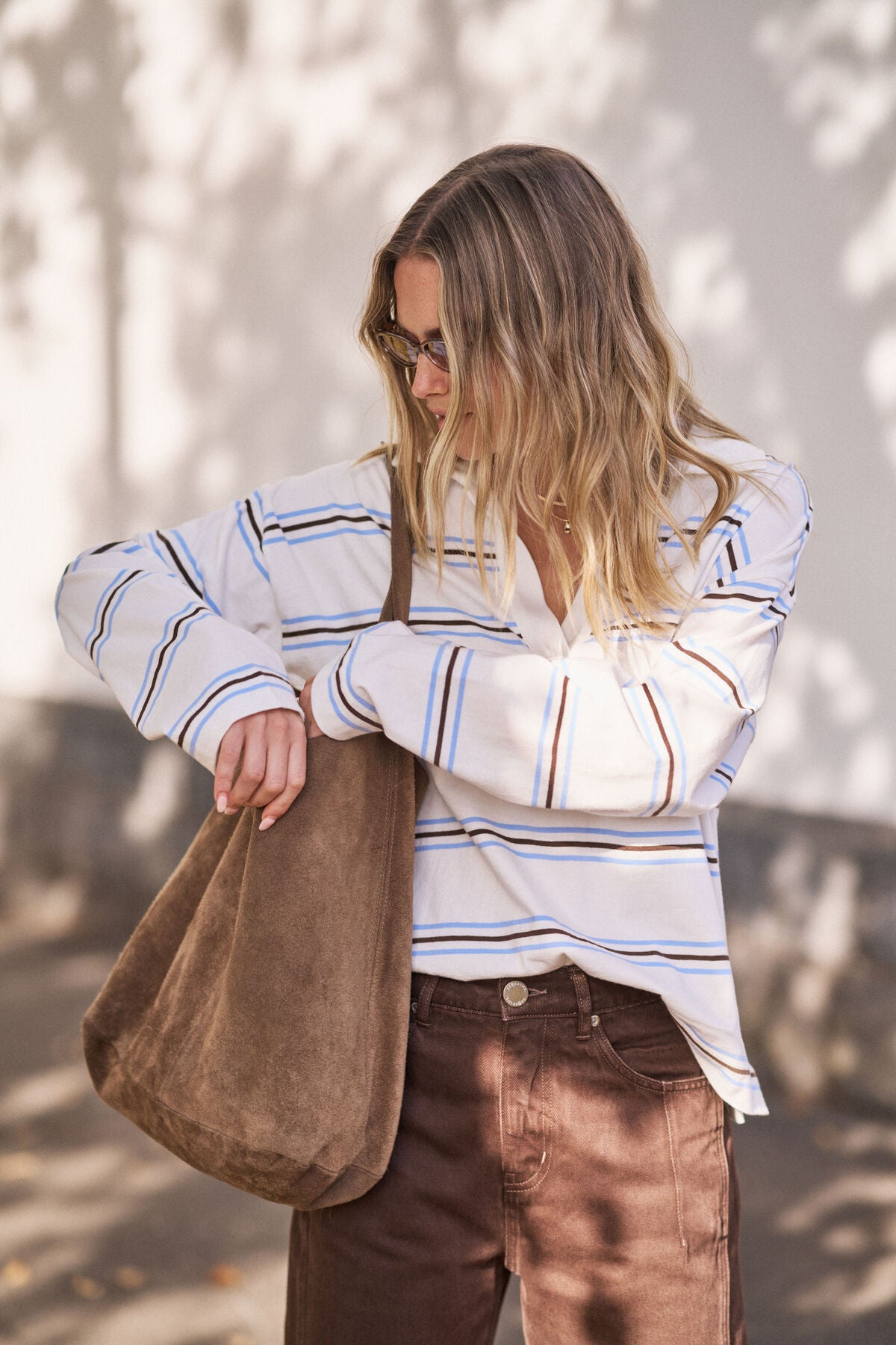 Shelby Slouchy Rugby Top Vanilla Brunette Brown Stripe