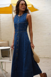 HAZEL SLEEVELESS MIDI SHIRT DRESS/CASPIAN BLUE