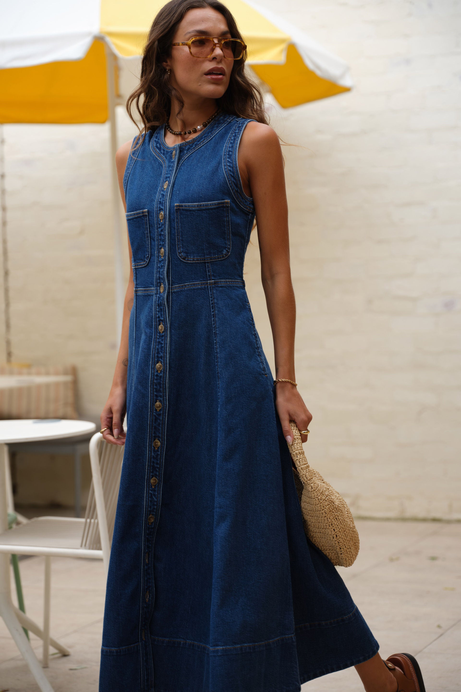 HAZEL SLEEVELESS MIDI SHIRT DRESS/CASPIAN BLUE