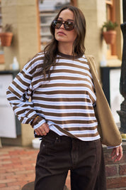 Beau Long Sleeve Slouchy Tee Cocoa Sky Blue Stripe