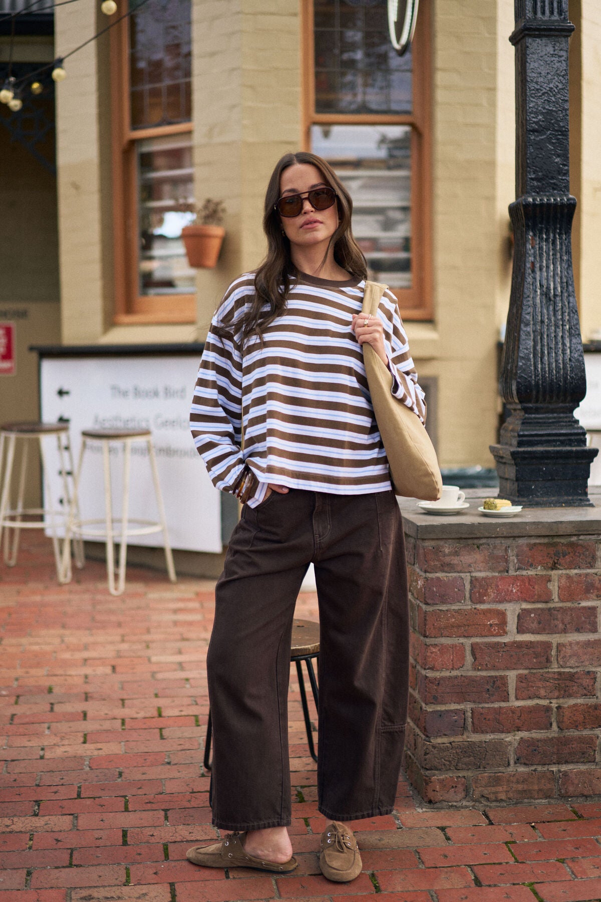 Beau Long Sleeve Slouchy Tee Cocoa Sky Blue Stripe