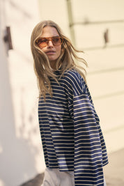 Beau Long Sleeve Slouchy Tee Heritage Navy Marshmallow Stripe
