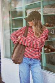 Beau Long Sleeve Slouchy Tee Mulberry Red Stone Stripe