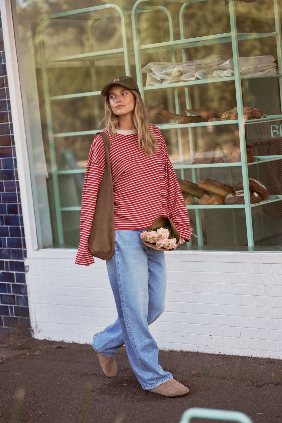 Beau Long Sleeve Slouchy Tee Mulberry Red Stone Stripe