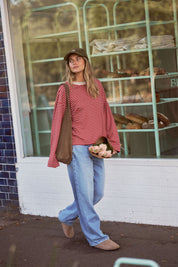 Beau Long Sleeve Slouchy Tee Mulberry Red Stone Stripe