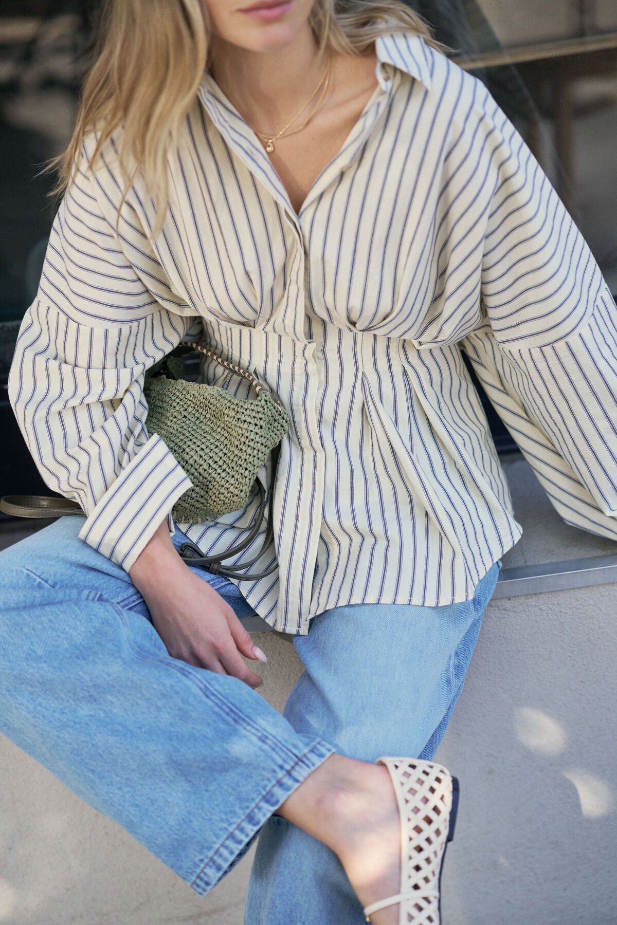 Ella Pleat Shirt Butter Navy Stripe