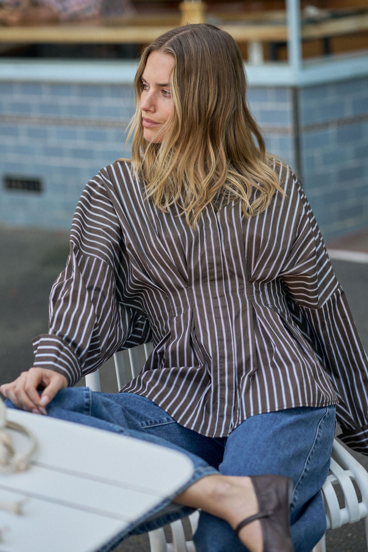 Ella Pleat Shirt Chocolate Stripe