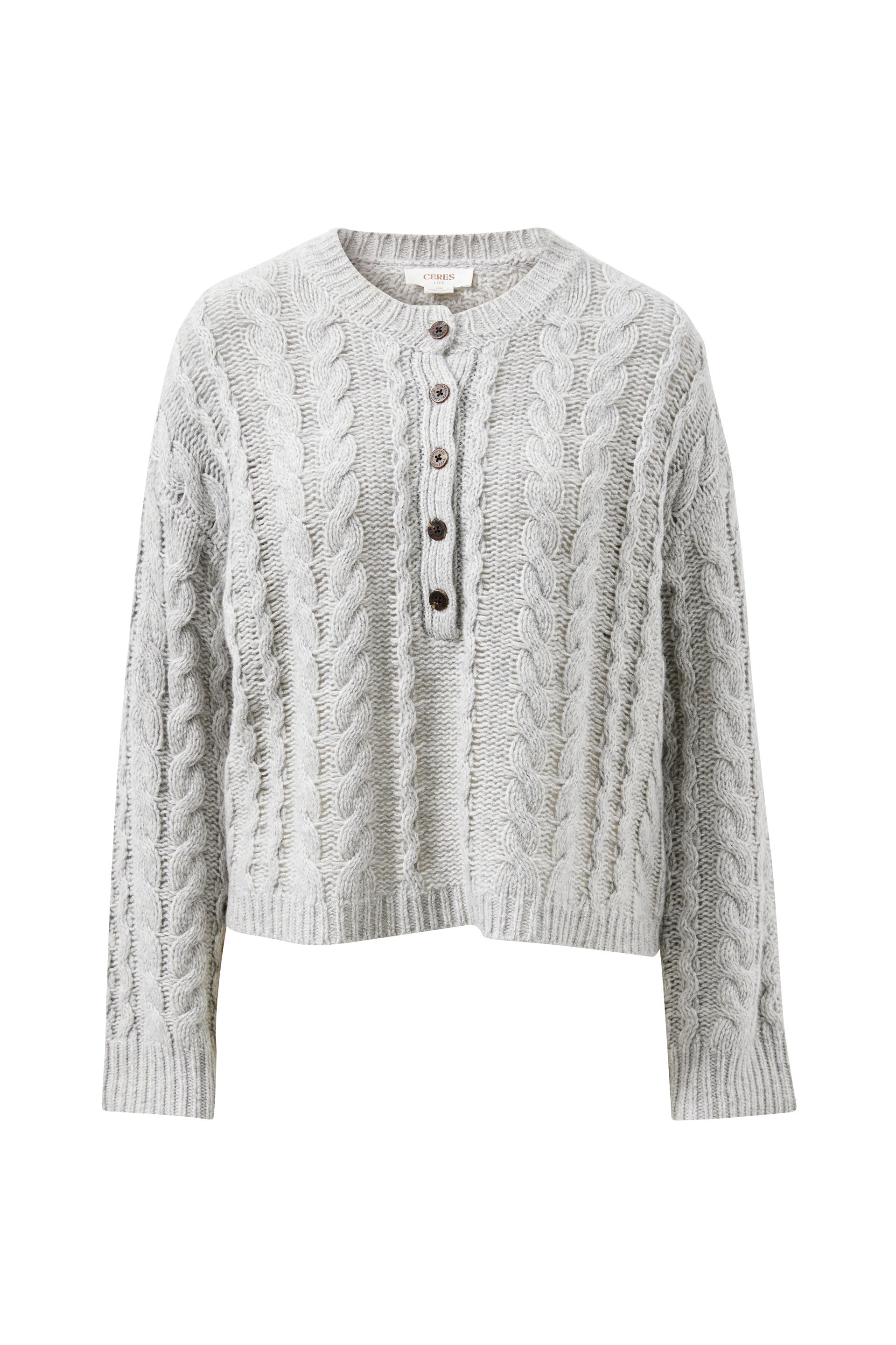 Enid Cable Knit Henley Silver Marle