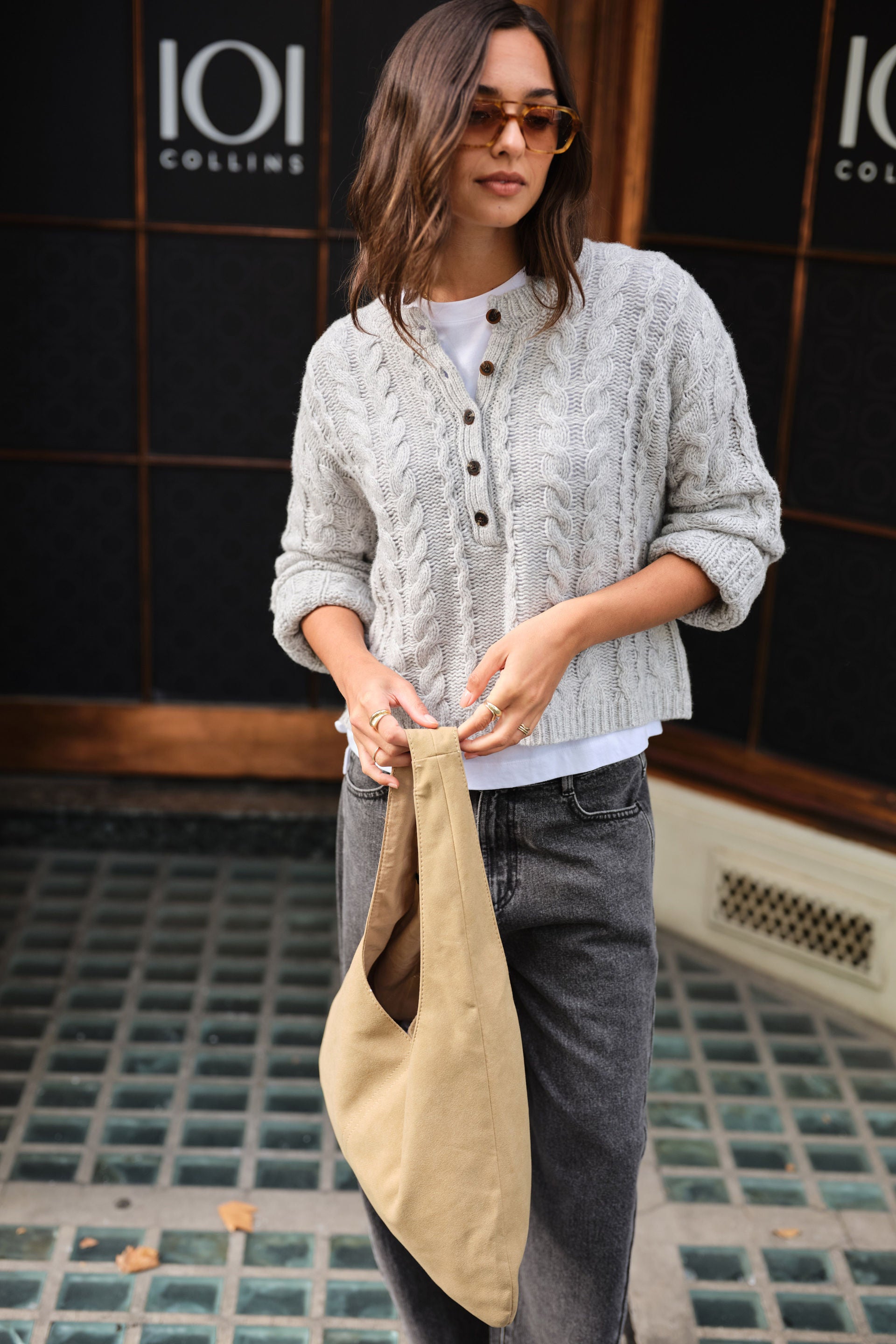 Enid Cable Knit Henley Silver Marle