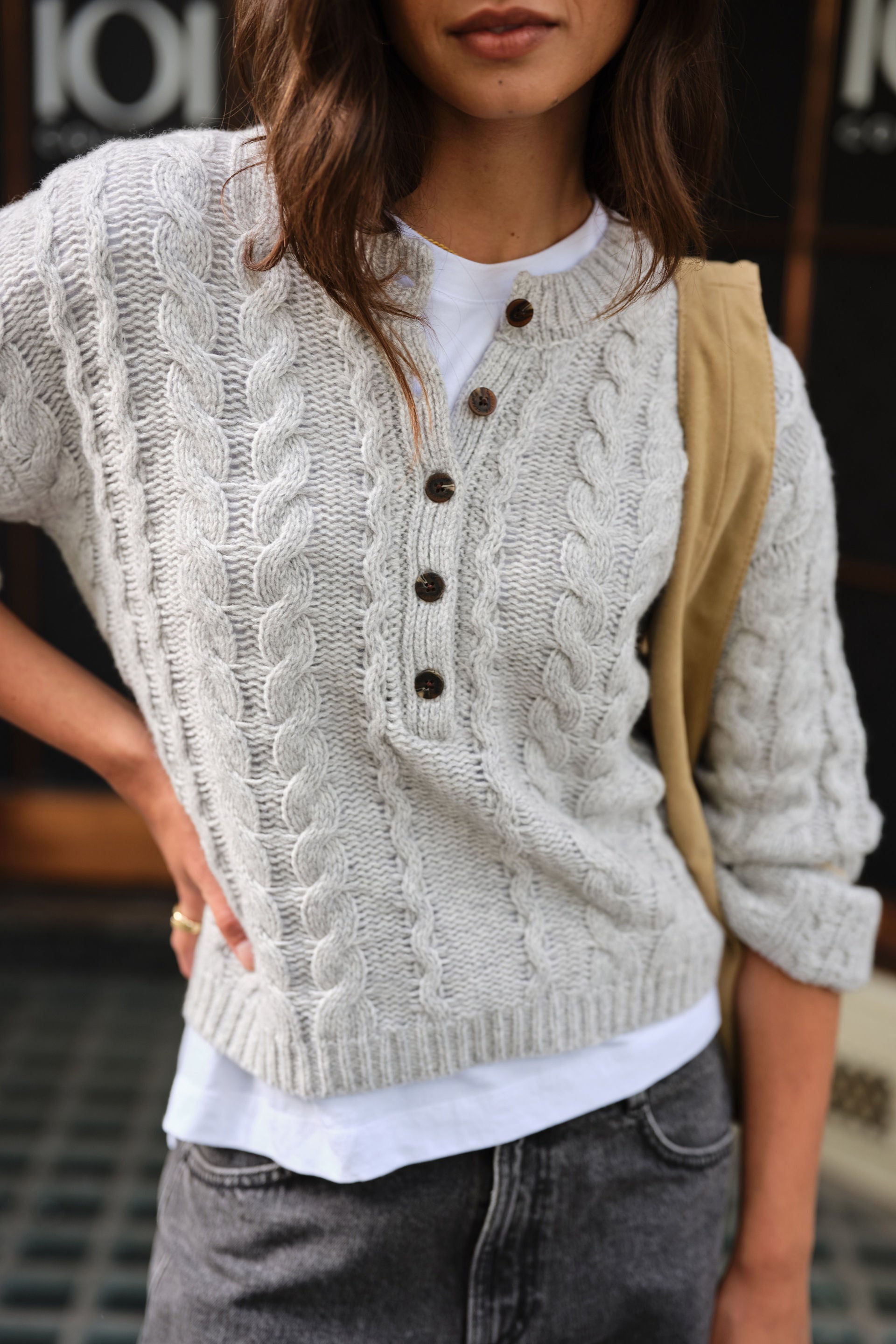 Enid Cable Knit Henley Silver Marle