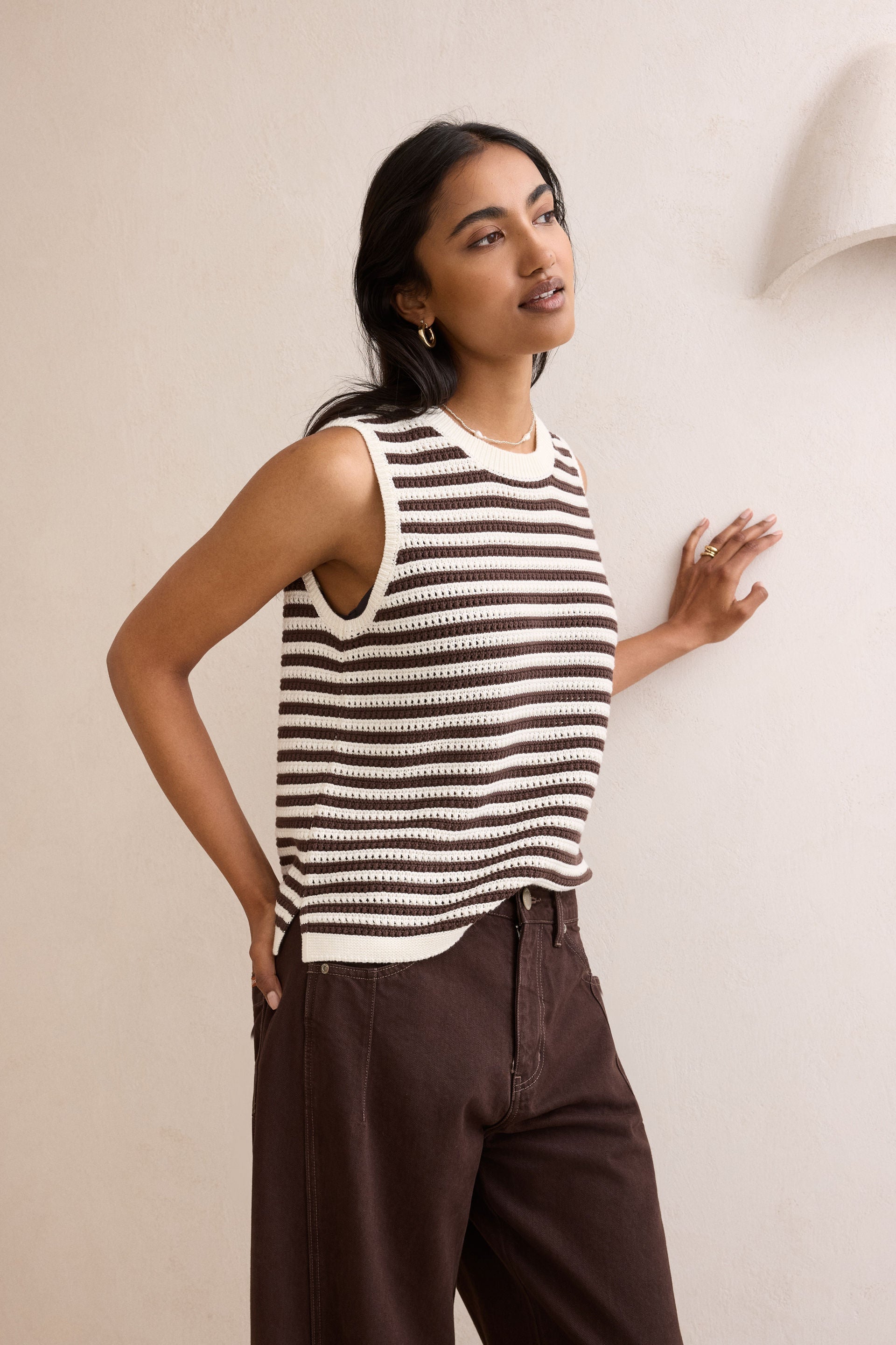 Maddy Mesh Knit Tank Brunette Stripe