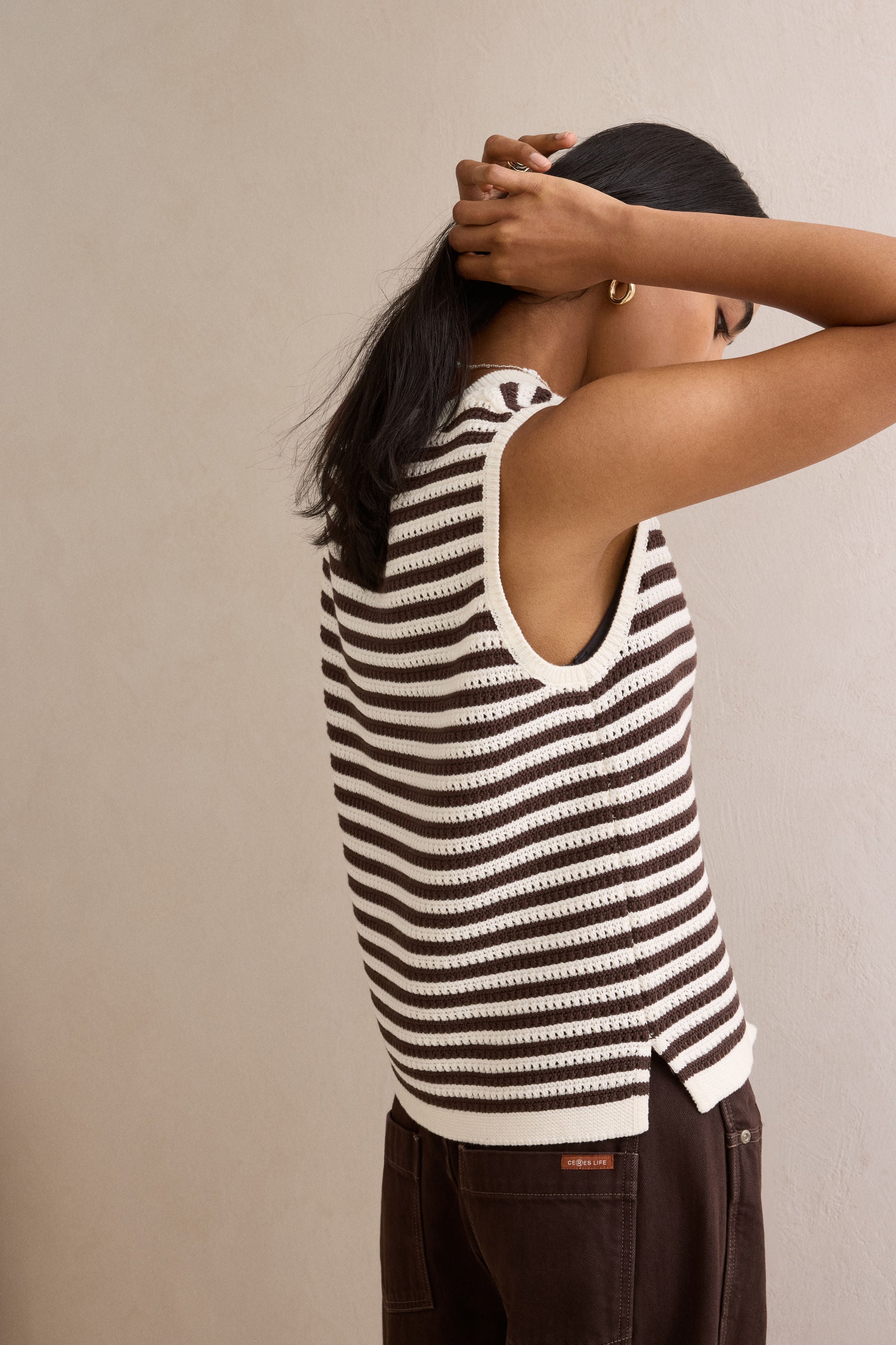 Maddy Mesh Knit Tank Brunette Stripe