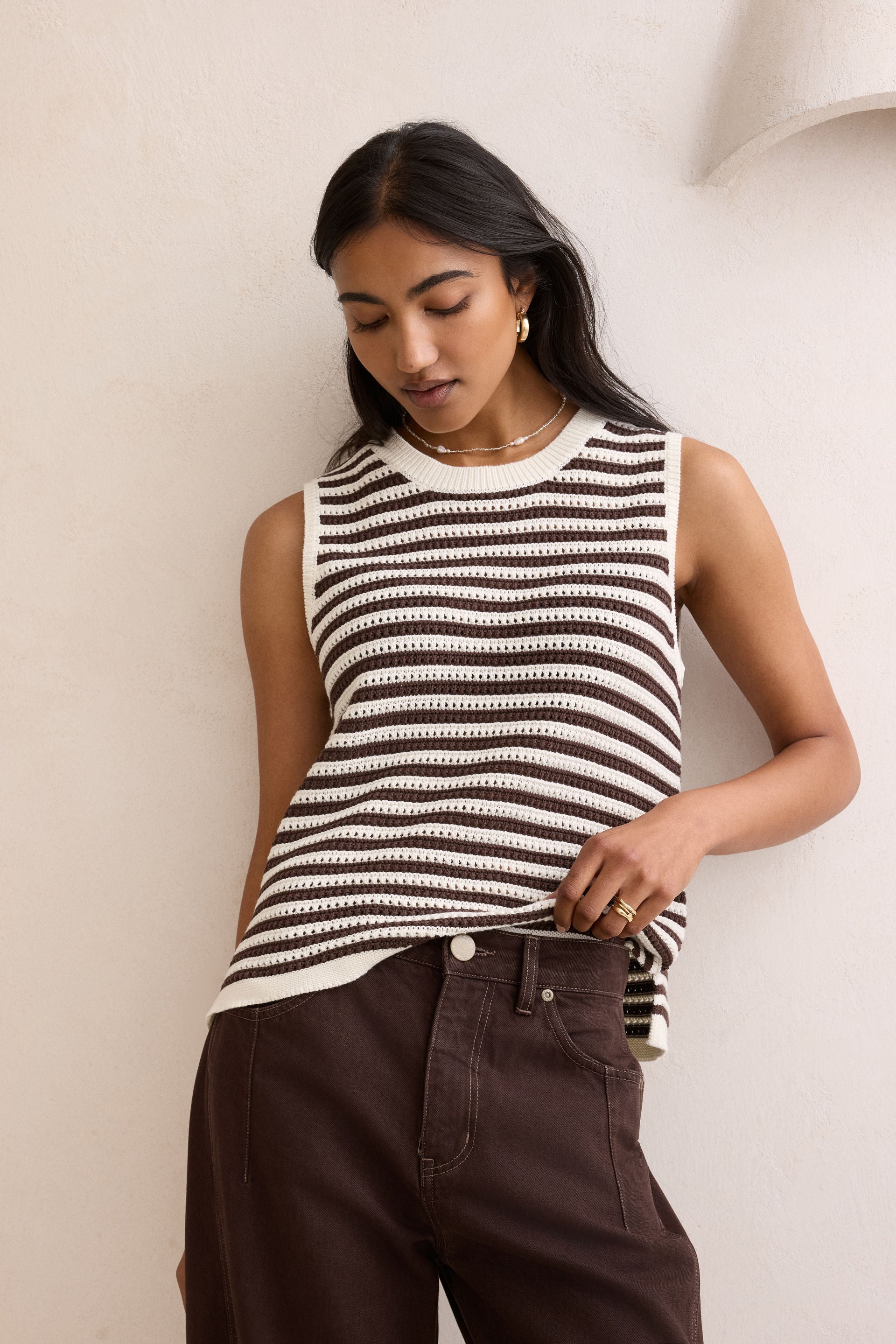 Maddy Mesh Knit Tank Brunette Stripe