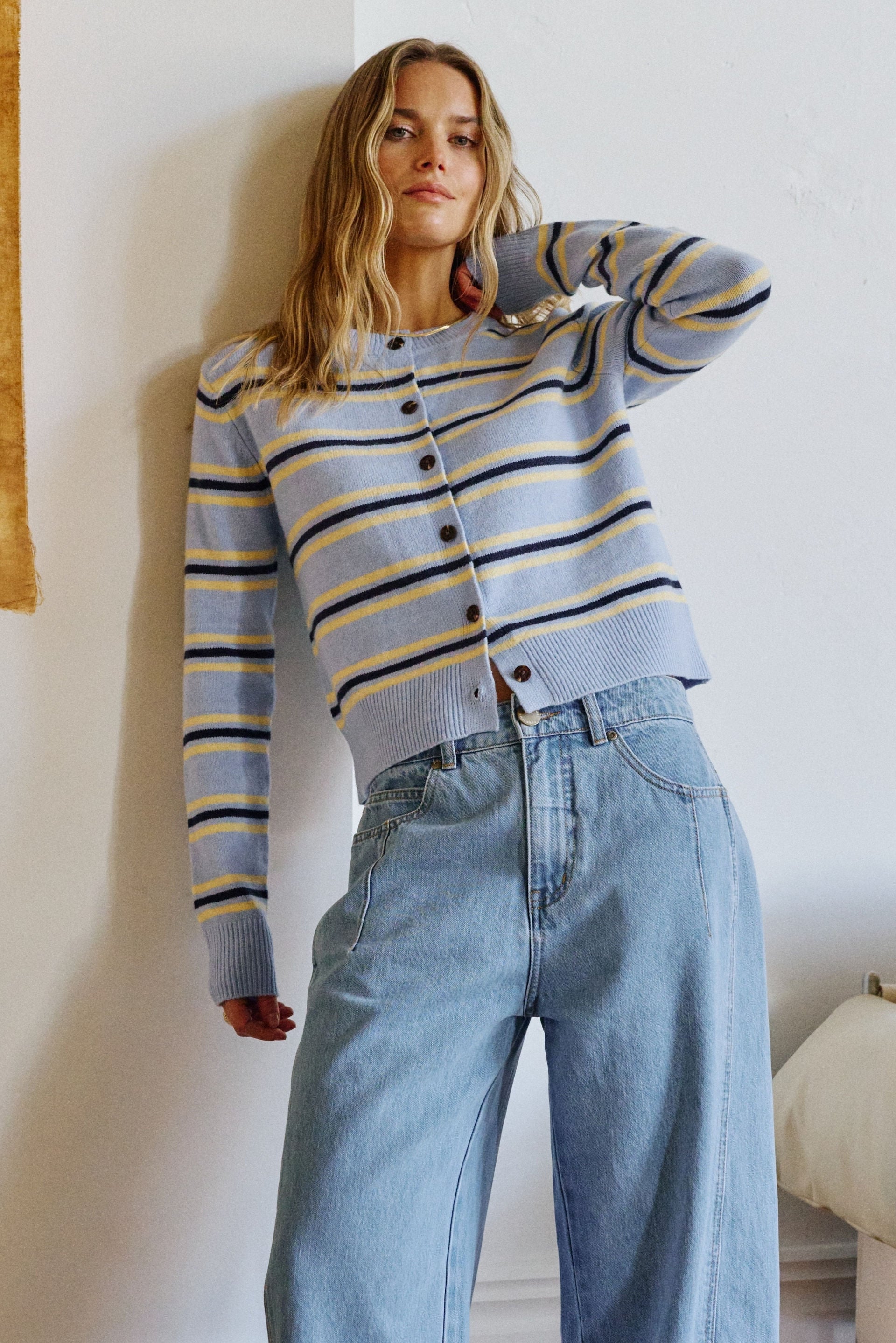 Laine Long Sleeve Knit Cardi/Blue Stripe