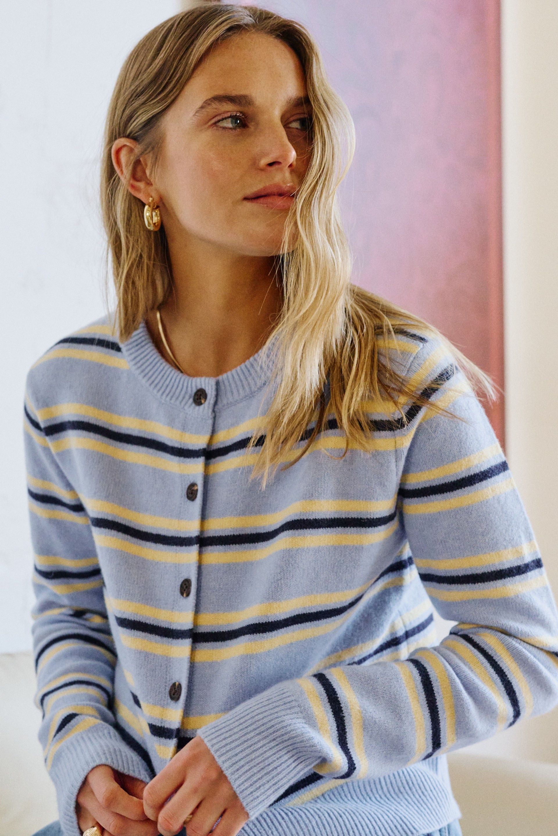 Laine Long Sleeve Knit Cardi/Blue Stripe
