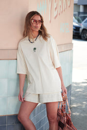Luna Oversized Tee/Buff/True Navy Palms Embroidery