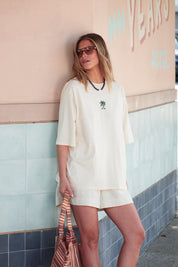 Luna Oversized Tee/Buff/True Navy Palms Embroidery